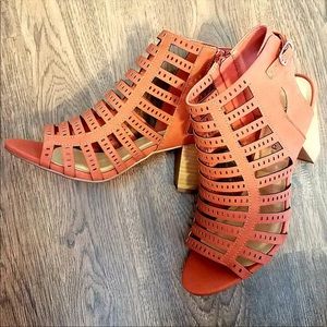 Coral leather peep toe booties
